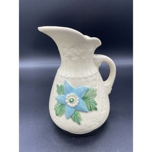 Hull Pottery Pitcher USA Blue Flower Star Creamy White Antique USA Vintage